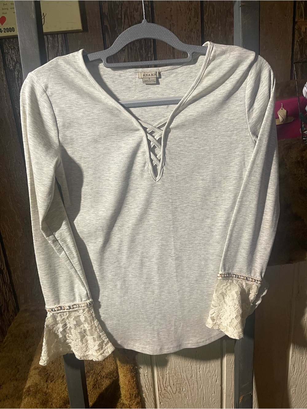 Anama Heather Gray Lace-Cuff Crisscross V-Neck Hoodie